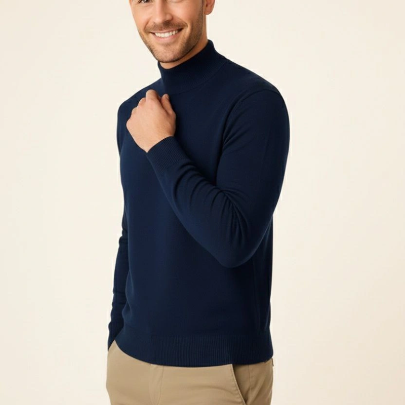 Yarım Boğaz Triko Kazak yumuşak dokulu Pamuklu ince Dokuma, uzun kollu Rahat Regular kalıp - Lacivert