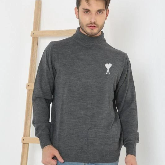 Yarım Boğazlı Baskılı Dokuma Triko - Füme -