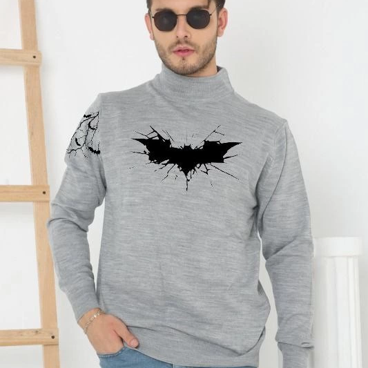 Yarım Boğazlı Baskılı Dokuma Triko -Gri