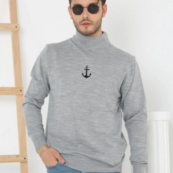 Yarım Boğazlı Baskılı Dokuma Triko - Gri