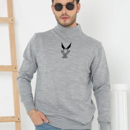 Yarım Boğazlı Baskılı Dokuma Triko - Gri