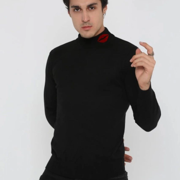 Yarım Boğazlı Baskılı Dokuma Triko - Siyah -