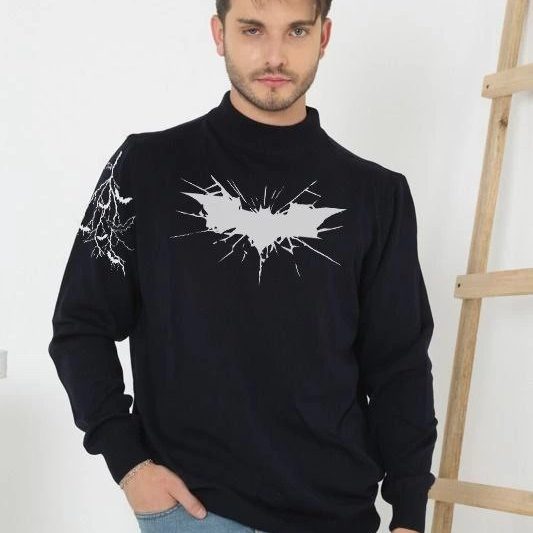 Yarım Boğazlı Baskılı Dokuma Triko - Siyah -