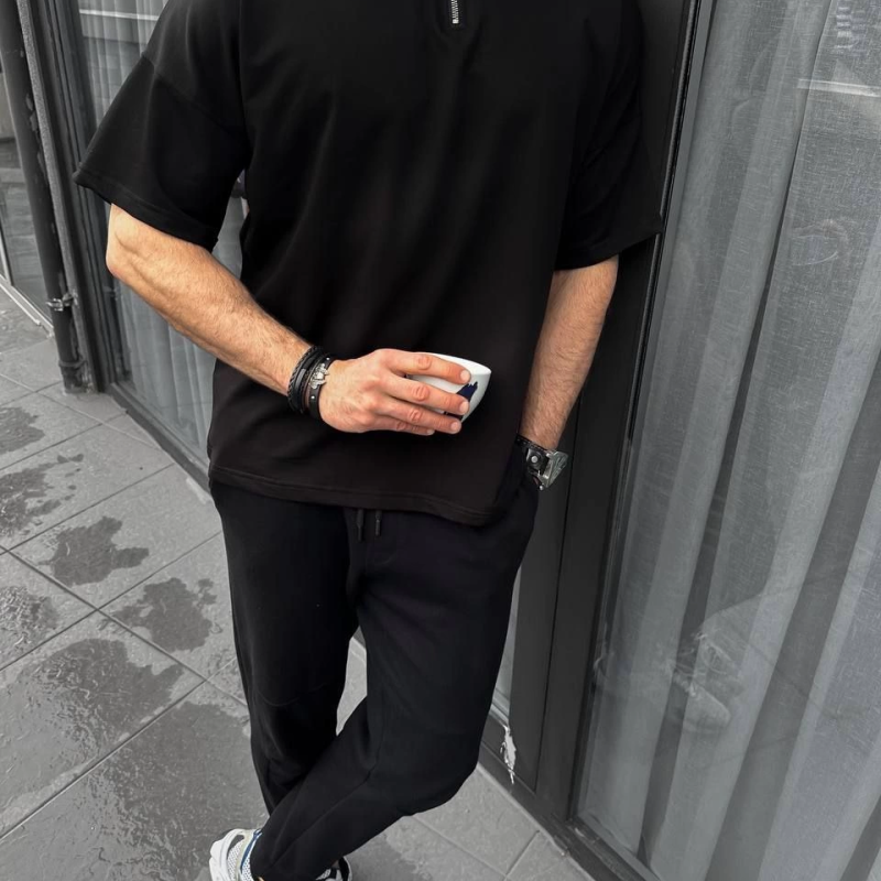 Yarım Fermuarlı Basic T-Shirt - Siyah -
