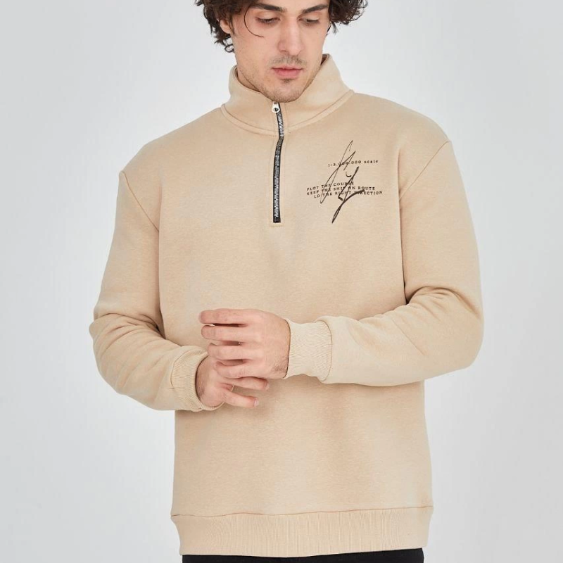 Yarım Fermuarlı Baskılı Sweat - Bej -