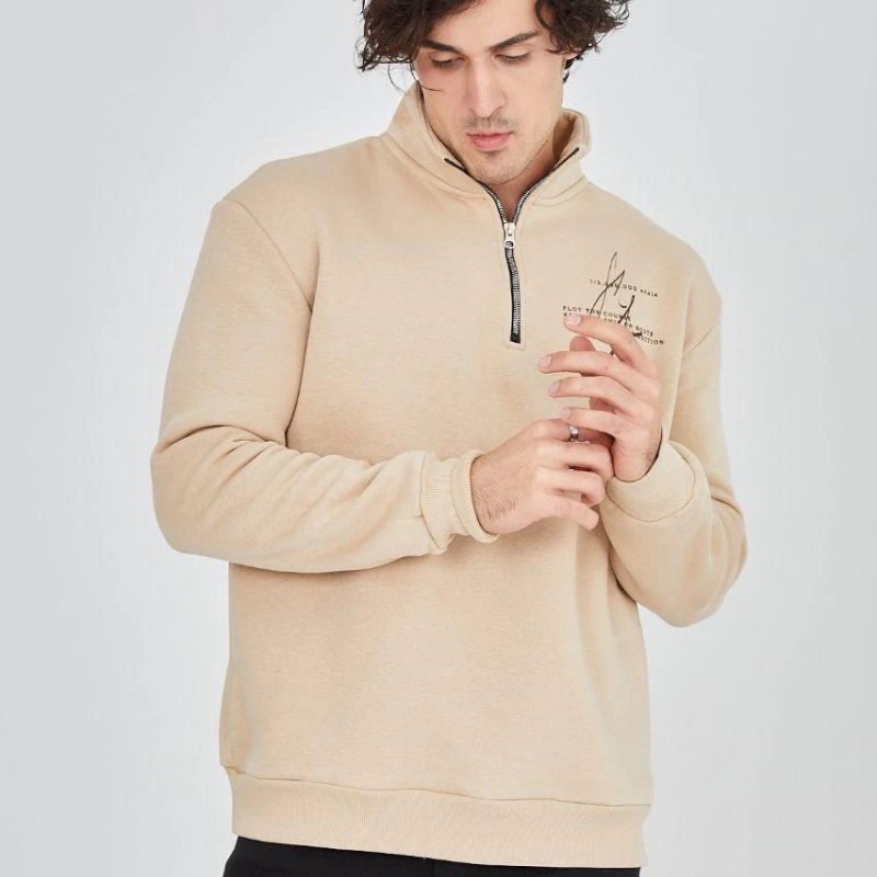Yarım Fermuarlı Baskılı Sweat - Bej -