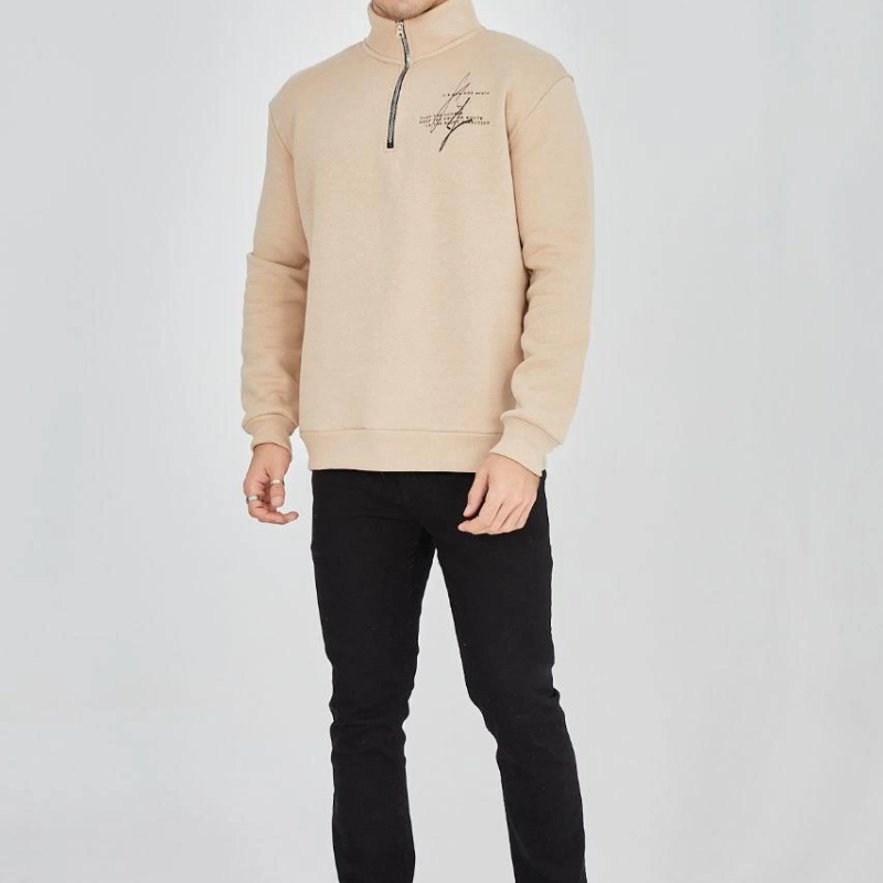 Yarım Fermuarlı Baskılı Sweat - Bej -