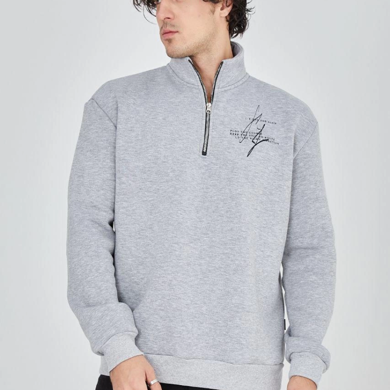 Yarım Fermuarlı Baskılı Sweat - Gri -