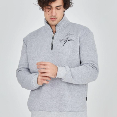Yarım Fermuarlı Baskılı Sweat - Gri -