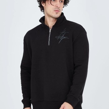 Yarım Fermuarlı Baskılı Sweat - Siyah