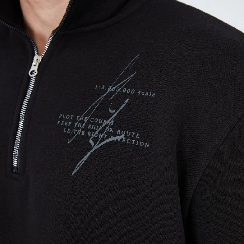 Yarım Fermuarlı Baskılı Sweat - Siyah