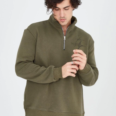 Yarım Fermuarlı Baskılı Sweat - Yeşil -