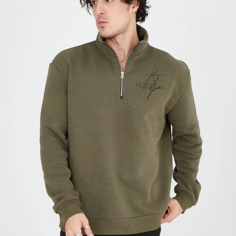 Yarım Fermuarlı Baskılı Sweat - Yeşil -