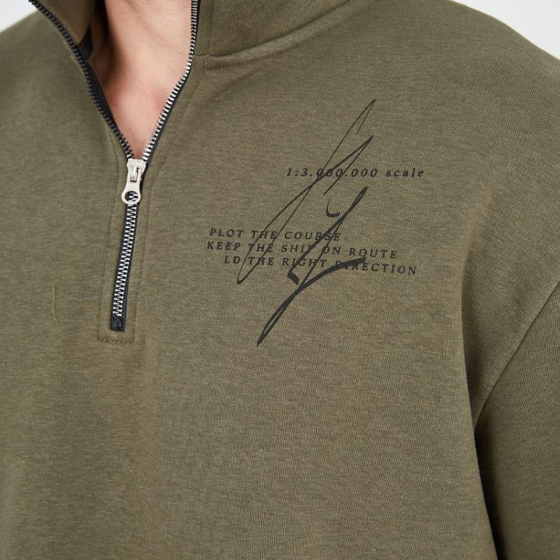 Yarım Fermuarlı Baskılı Sweat - Yeşil -