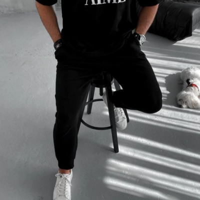 Yarım Fermuarlı Baskılı T-Shirt - Siyah -