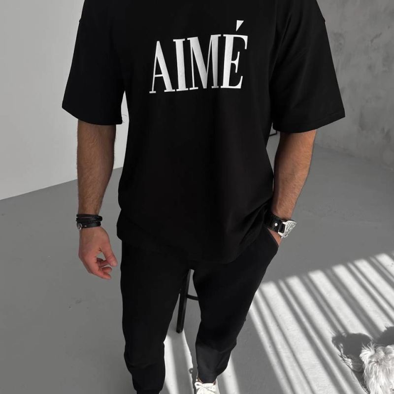 Yarım Fermuarlı Baskılı T-Shirt - Siyah -