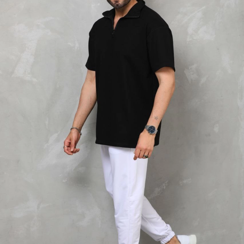 Yarım Fermuarlı Düz Oversize T-shirt - Siyah -