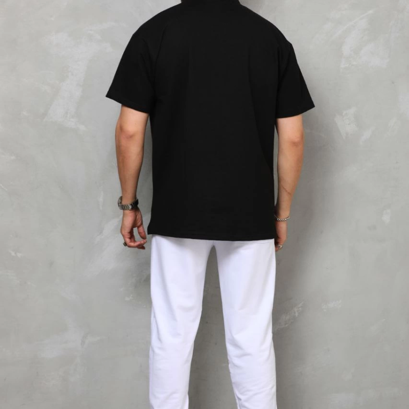 Yarım Fermuarlı Düz Oversize T-shirt - Siyah -