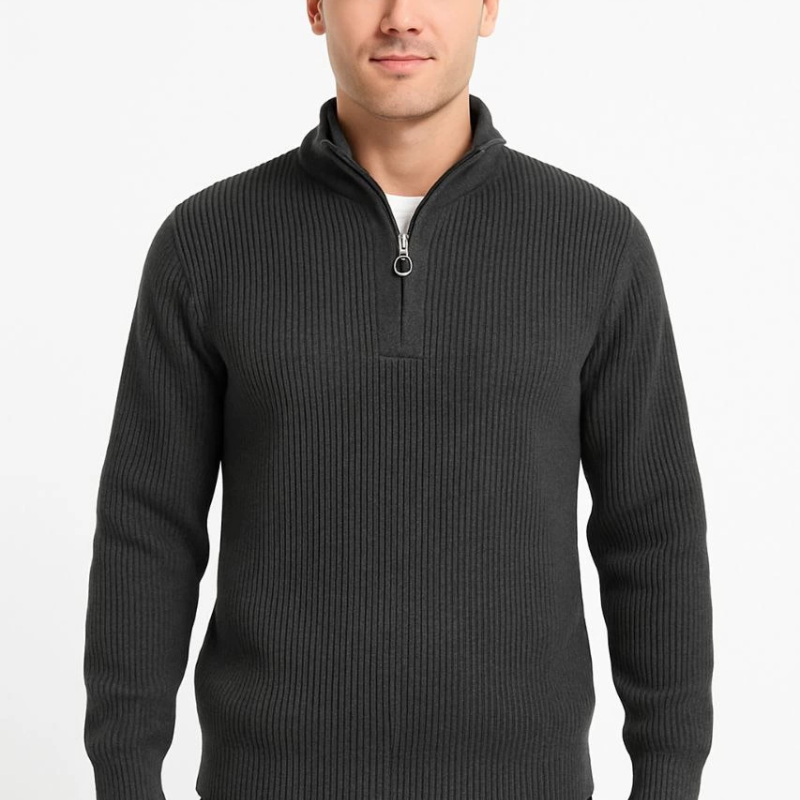 Yarım Fermuarlı Triko Kazak – Selanik Örgü, Dik Yaka, Pamuklu Dokuma, Regular Fit Uzun Kollu Kışlık Model - Füme