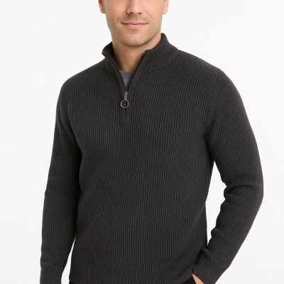 Yarım Fermuarlı Triko Kazak – Selanik Örgü, Dik Yaka, Pamuklu Dokuma, Regular Fit Uzun Kollu Kışlık Model - Füme