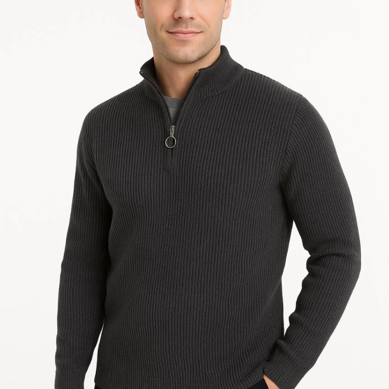 Yarım Fermuarlı Triko Kazak – Selanik Örgü, Dik Yaka, Pamuklu Dokuma, Regular Fit Uzun Kollu Kışlık Model - Füme