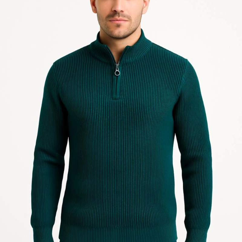 Yarım Fermuarlı Triko Kazak – Selanik Örgü, Dik Yaka, Pamuklu Dokuma, Regular Fit Uzun Kollu Kışlık Model - Haki -