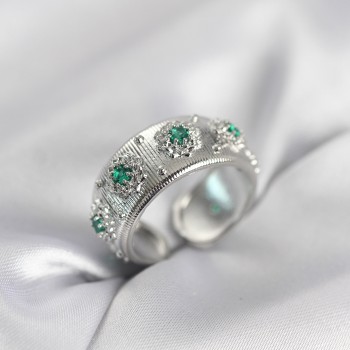 Yeşil Zirkon Taşlı Gümüş Renk Vintage Kadın Yüzük