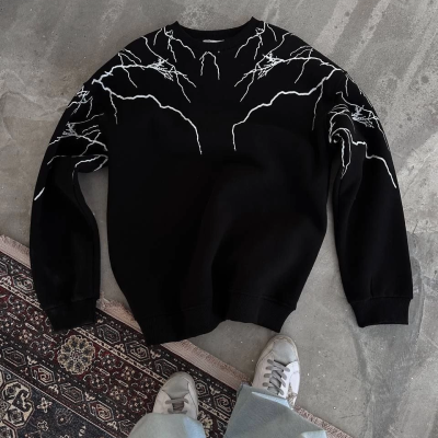 Yıldırım Baskılı Bisiklet Yaka SweatShirt - Siyah