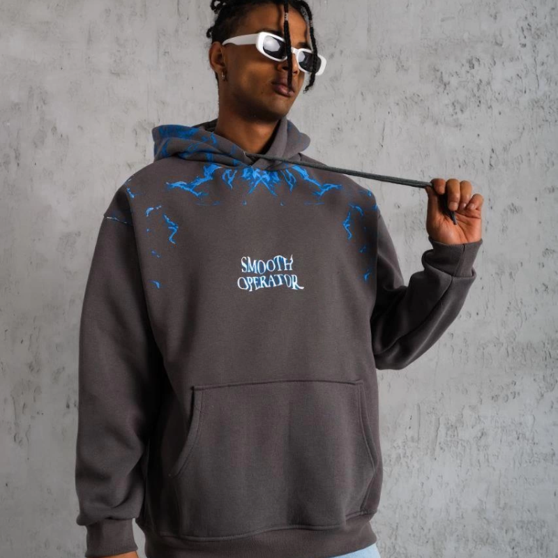 Yıldırım Baskılı Kapşonlu Sweatshirt - Gri