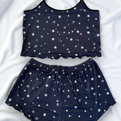 Yıldız Desenli Lacivert Şortlu Pijama Takımı