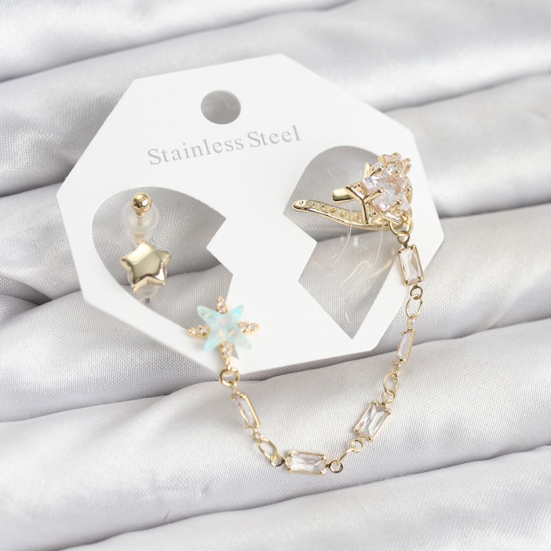 Yıldız Model Pirinç Gold Renk Zincir Bağlantılı Ear Cuff Küpe Seti