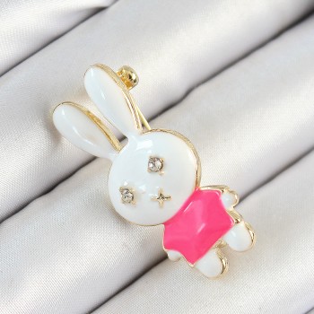 Zirkon Taş Detaylı Beyaz Ve Pembe 3D Tavşan Figürlü Kadın Broş