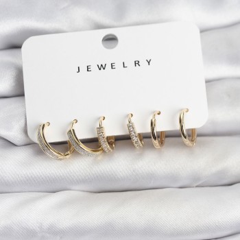 Zirkon Taşlı Gold Renk Pirinç Kadın Küpe Seti