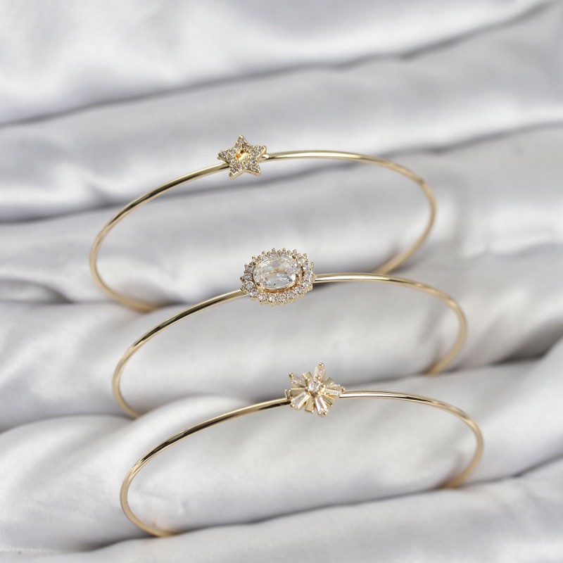 Zirkon Taşlı Gold Renk Tek Taş Model 3'lü Kadın Bileklik Kombini