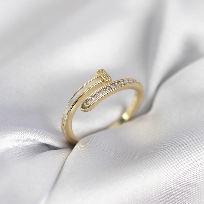 Zirkon Taşlı Gold Renk Yassı Çivi Model Kadın Yüzük