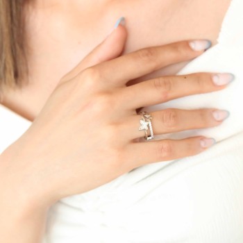 Zirkon Taşlı Gümüş Kaplama Kelebekli Kadın Yüzük