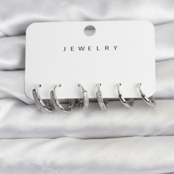 Zirkon Taşlı Gümüş Renk Pirinç Kadın Küpe Seti