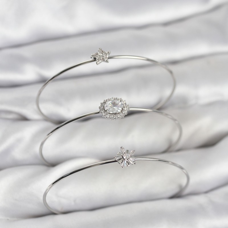 Zirkon Taşlı Gümüş Renk Tek Taş Model 3'lü Kadın Bileklik Kombini