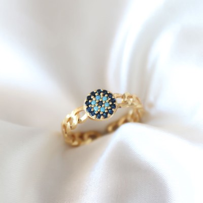 Zirkon Taşlı Nazarlı Altın Kaplama Kadın Yüzük