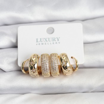 Zirkon Taşlı Pirinç Gold Renk Halka Kadın Küpe Seti