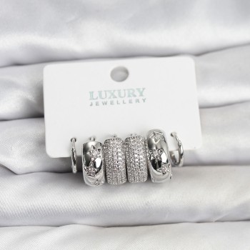 Zirkon Taşlı Pirinç Gümüş Renk Halka Kadın Küpe Seti