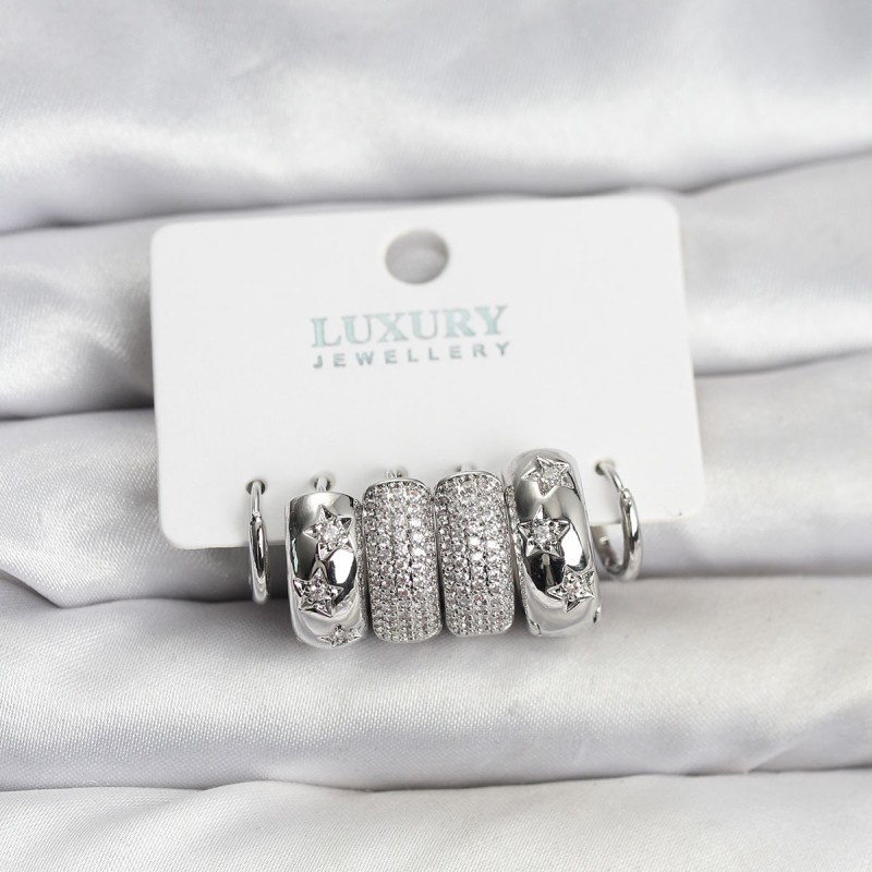 Zirkon Taşlı Pirinç Gümüş Renk Halka Kadın Küpe Seti